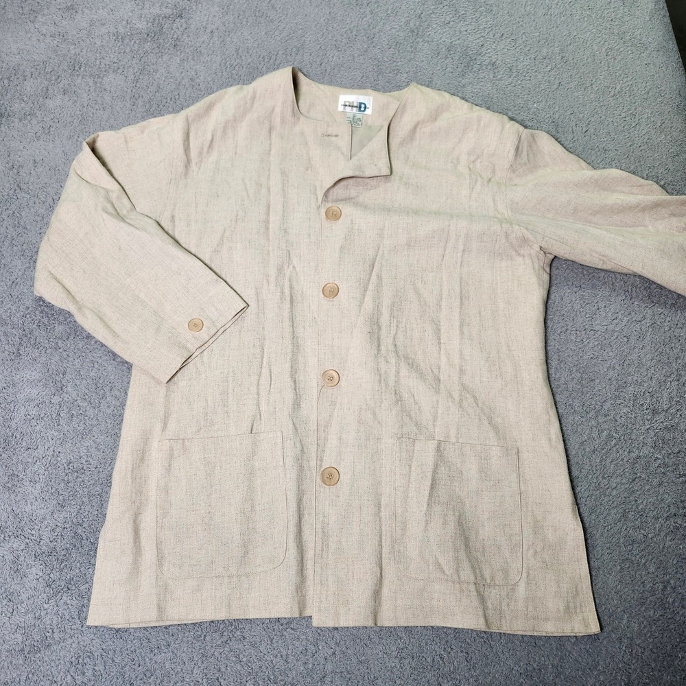 Paul Harris Design Womens Large Jacket Beige Linen Blend Collarless Button Front